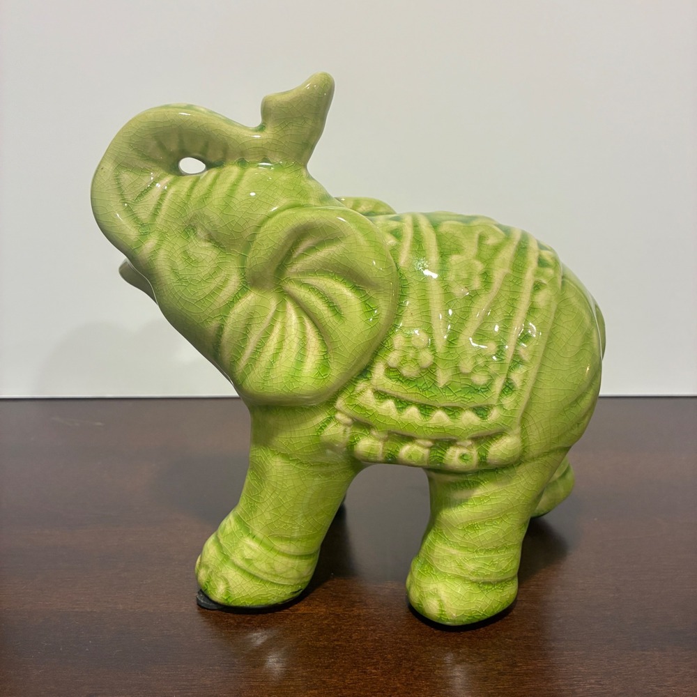 Vintage Green Crackle Glaze Ceramic Elephant Figurine Lucky Trunk Up Statue